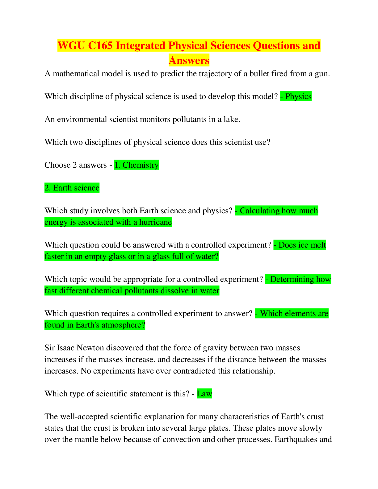 Preview image for WGU C165 Integrated Physical Sciences Questions and Answers